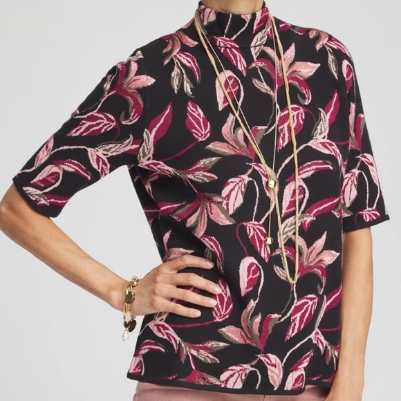 Chico's Jacquard Mock Neck Sweater Bold Lily Print Elbow Sleeve Size 0/Small EUC - Picture 1 of 8